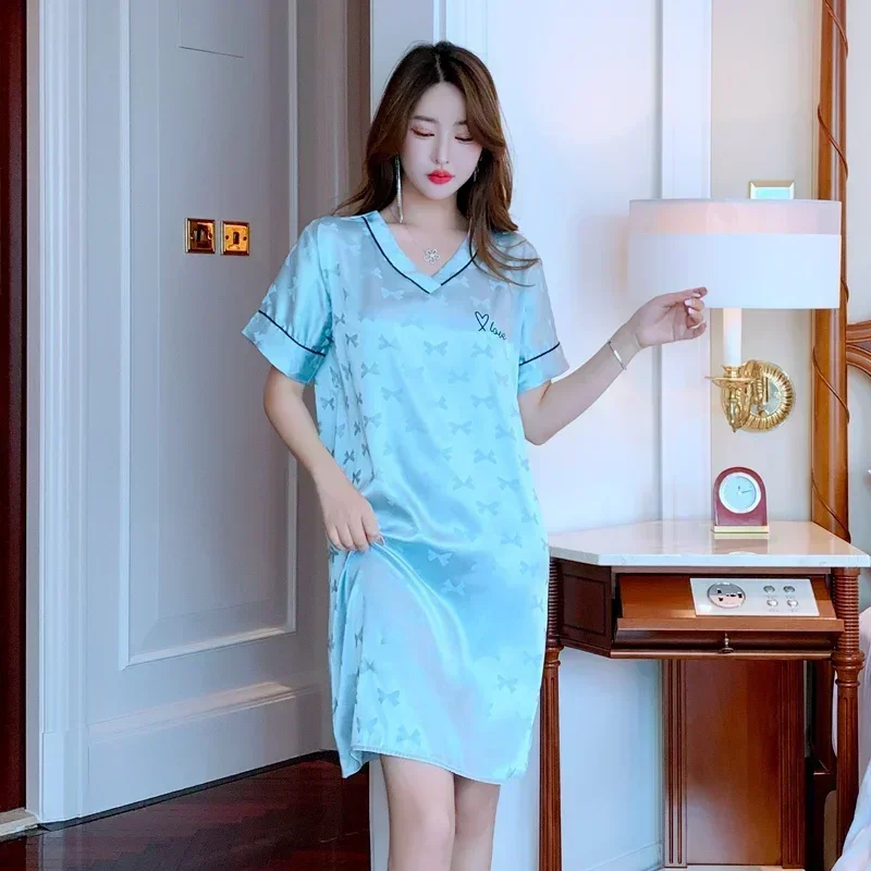 2024 Summer Short Sleeve Sexy Lingerie V-neck Silk Satin Print Nightgowns for Women Sleepwear Nightdress Night Dress Home Nighty