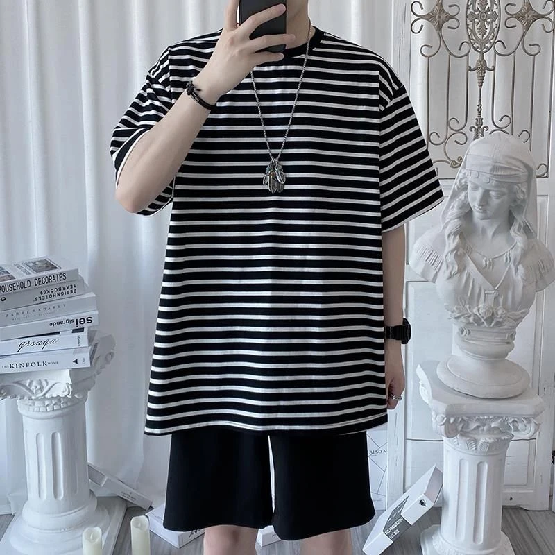 

Summer Striped Print Short Sleeve O Neck Men T Shirt All-match Fashion Trend Student Handsome Oversized Top Tee Harajuku Clothes