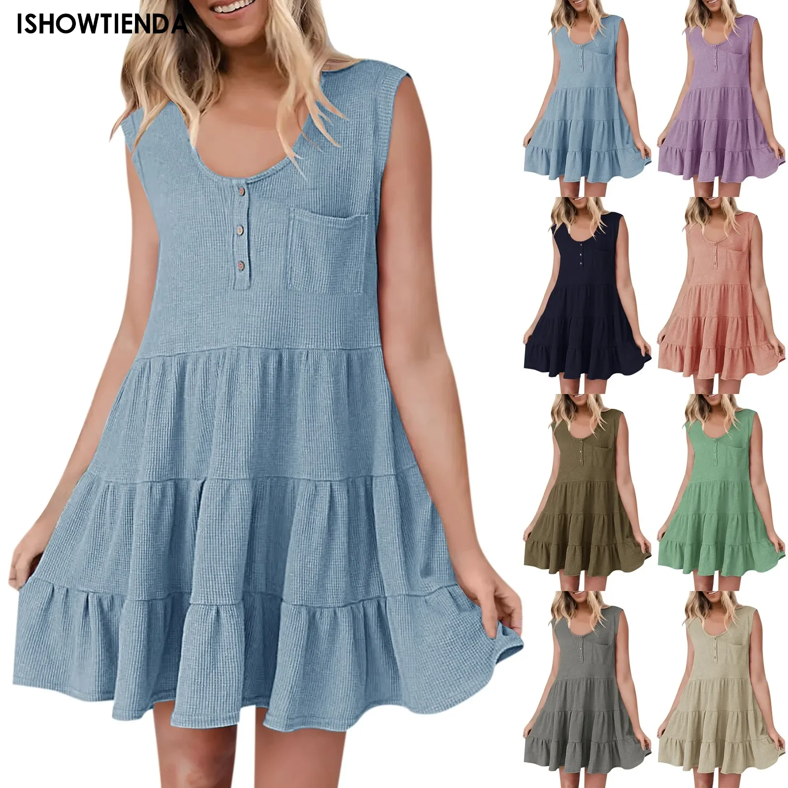 

Women's Casual Summer Midi Dress Women Sleeveless Tank Dress V Neck Buttons Ruffle Loose Dresses Beach Soild Sundress Fashion