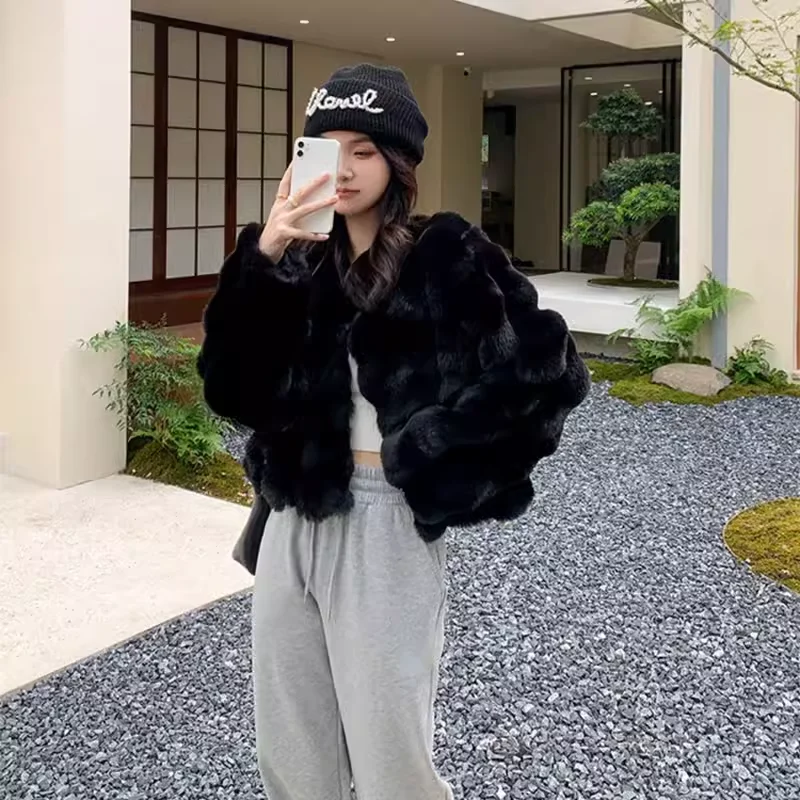 Environmentally Friendly White Coat Short Style Socialite Temperament Plush Round Neck High-end Top Imitation Rabbit Jackets