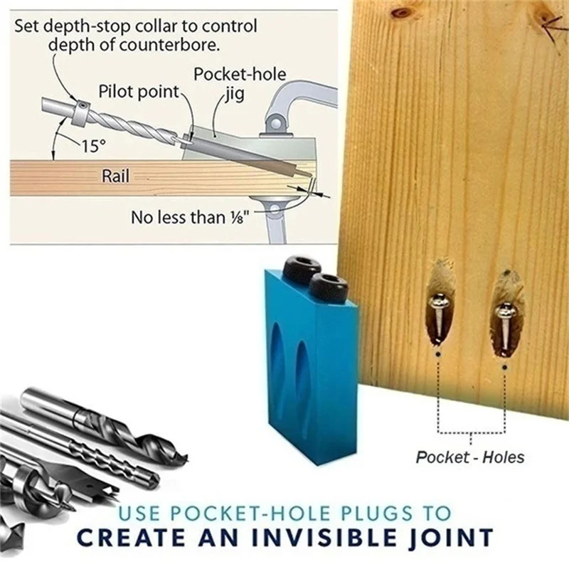 7pcs Blue Pocket Hole Jig Kit, 15 Degree Dowel Drill Guide Set For