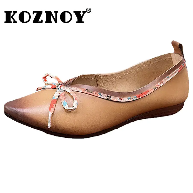 

Koznoy 1.5cm Women Natural New Genuine Leather Oxfords Loafers Pointed Toe Shoes Slip on Summer Shallow Flats Mary Jane Comfy