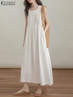 ZANZEA 2024 Summer Holiday Long Dress Solid Sleeveless Pleated Vestidos Korean Fashion Loose Sundress Casual Beach Tank Dresses