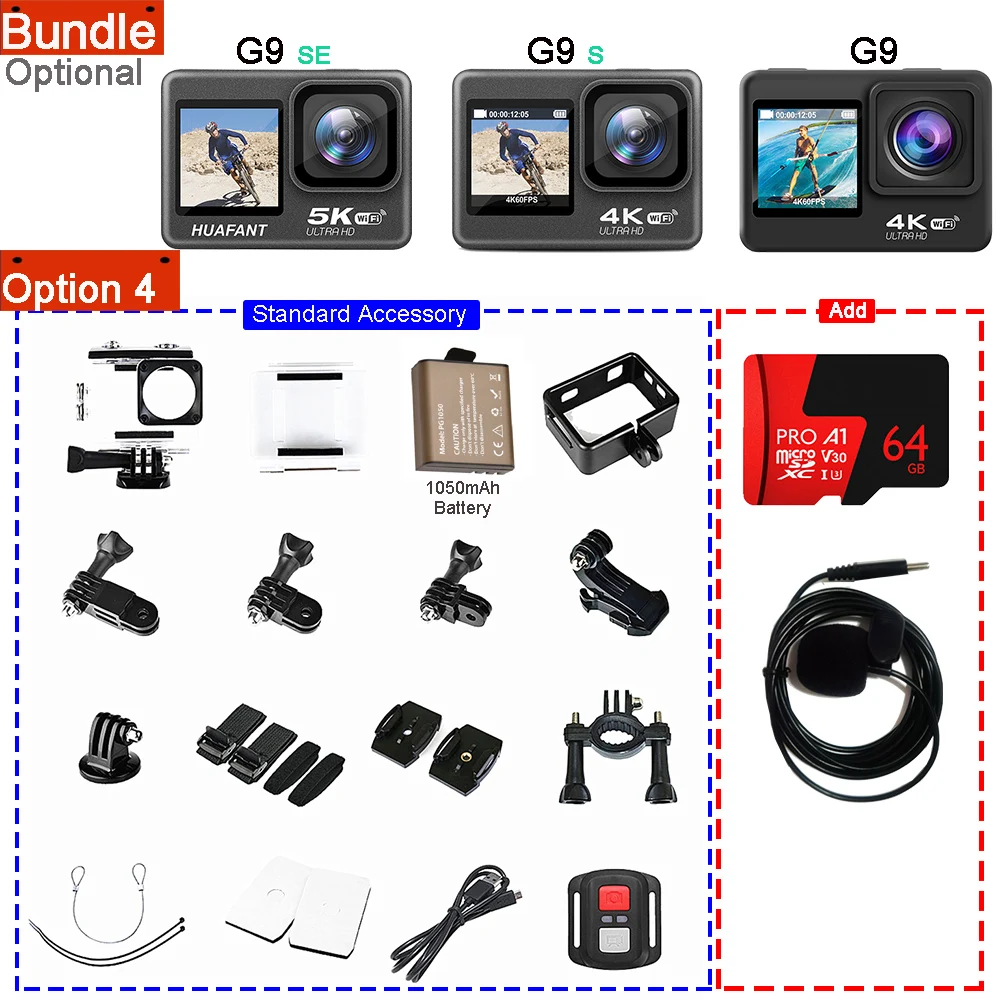 thumbnail image 1 of Cámara de acción 5K30FPS 4K60FPS 48MP 2,0 LCD táctil EIS pantalla Dual Wi-Fi 170D DVR cámara web impermeable 30M 5X Zoom cámara deportiva, 1 of 4
