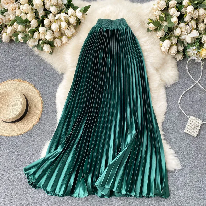 

Women Elegant Chic Pleated Dress Elastic High Waist Korean Fashion A-line Vintage Maxi Skirts Luxury Goth Spring Autumn Clothing