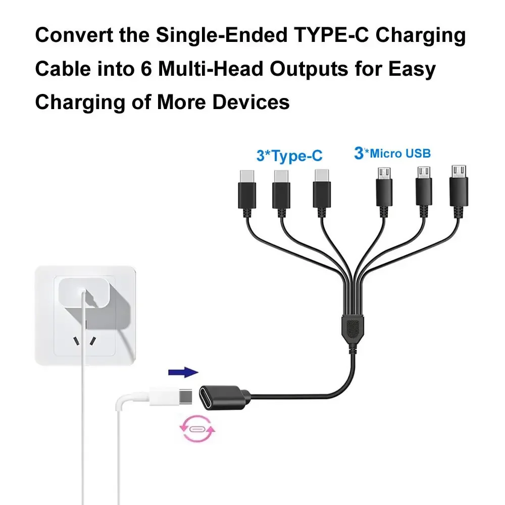 유형 C 암-6 in 1 멀티 충전 케이블, 마이크로 USB 분배기 케이블 5V 3 in 1 유형 C 연장 코드(휴대폰 태블릿 등용)