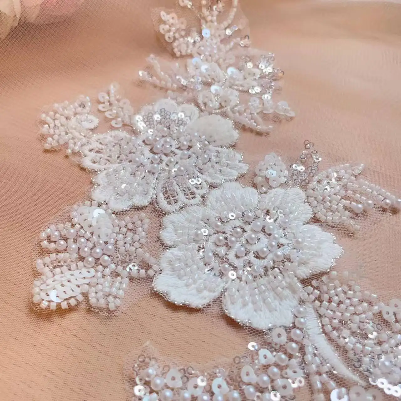 Elegant Pearl Embroidered Glitter Floral Lace Decoration
