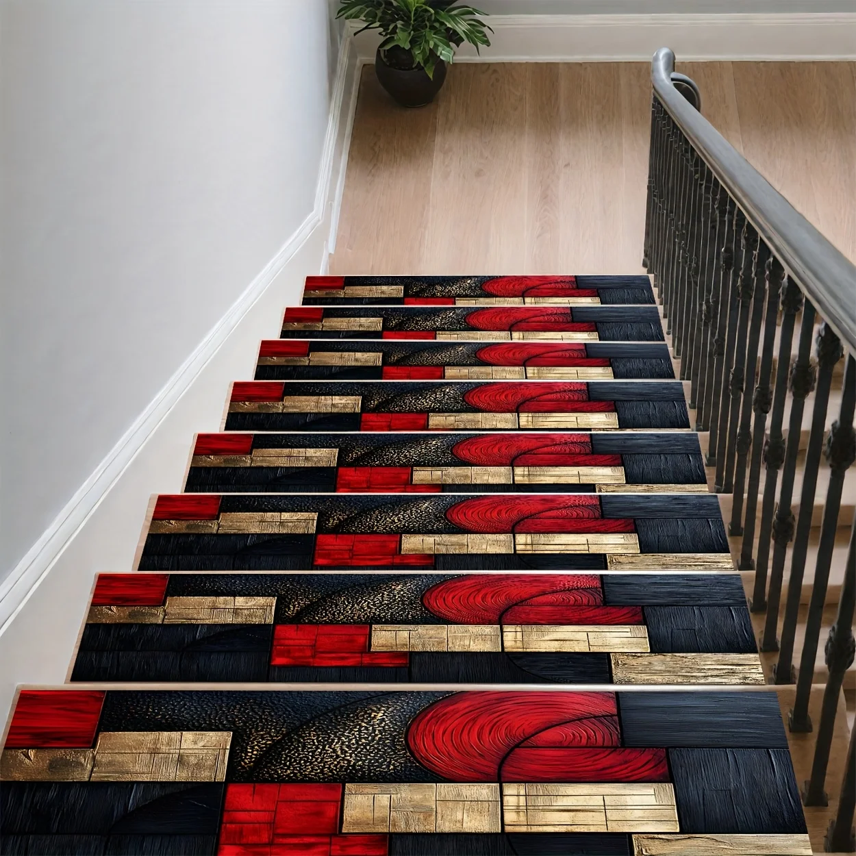 1/7/15PC 브라운 기하학적 원형 링 접합 장식 프린트 매트, 8x30인치 계단 카펫, 청소가 쉬운 엣지 계단 매트