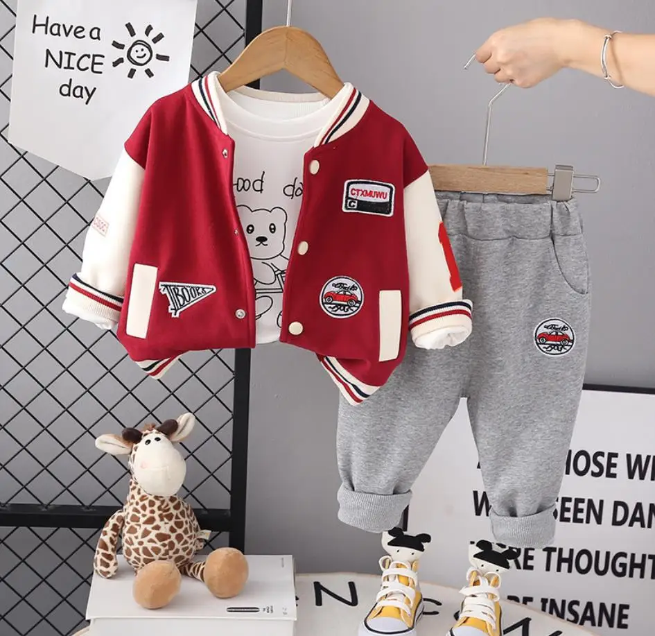 

1 Year Old Boys Clothes Sets Spring Autumn Patch Embroidered Baseball Jackets White Shirt Pants Kids Tracksuits Baby Outfits