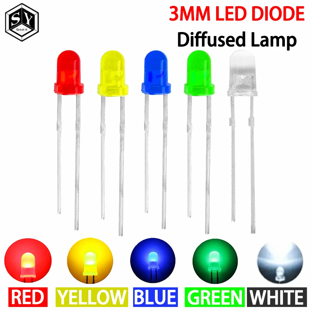 10PCS /100PCS  F3 3mm LED Diode Light Assorted Kit Green Blue White Yellow Red COMPONENT DIY kit