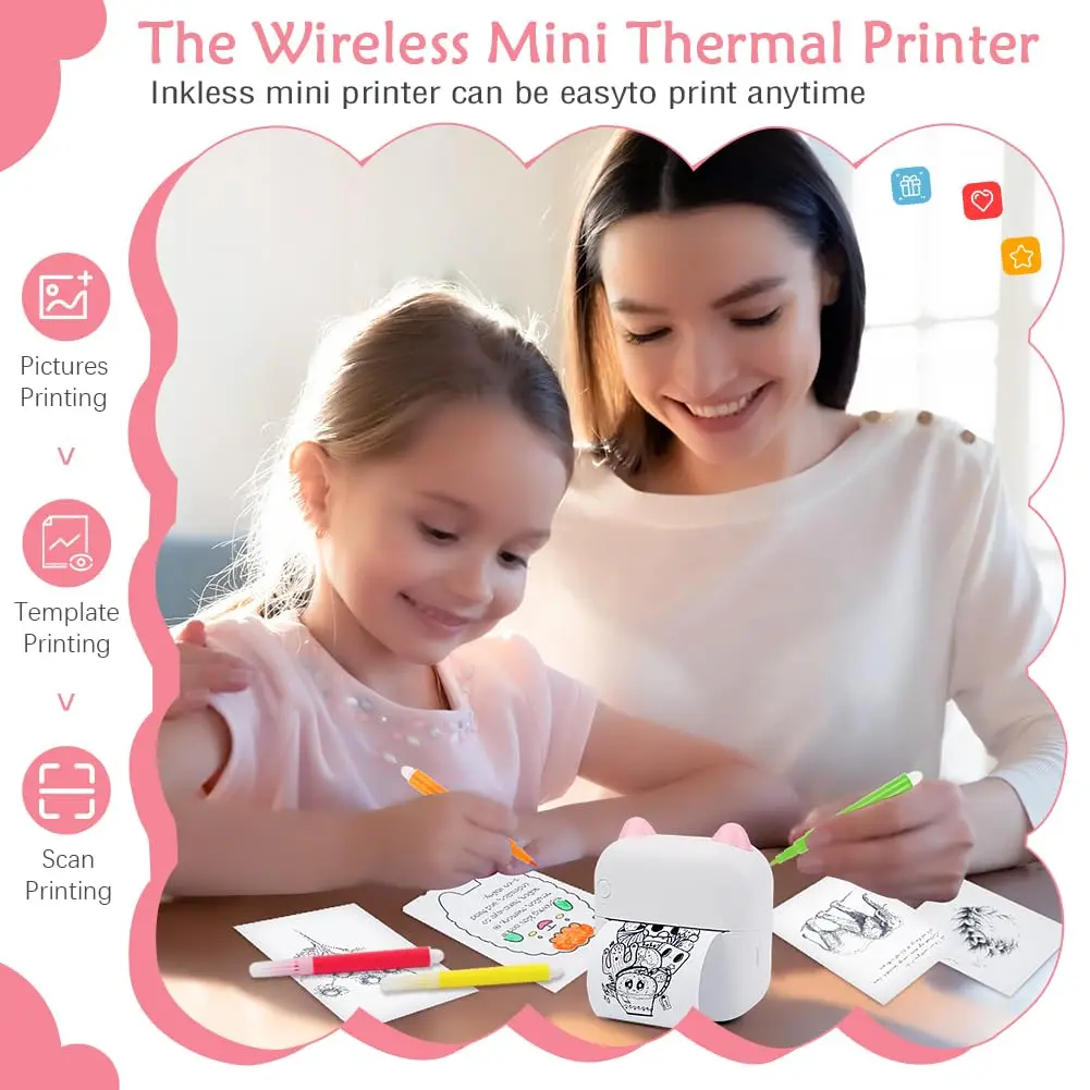 thermal printer with 13 rolls of paper, Bluetooth mini cute printer used for storing notes, photos, stickers, labels, receipts