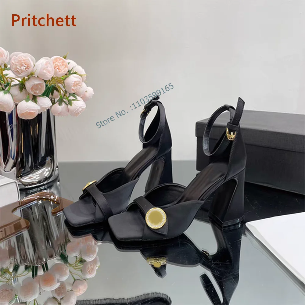 

Solid Square Toe Sandals Metal Decoration Black Strange Style Slingback Buckle Strap Women's Shoes Summer Concise Party Shoes