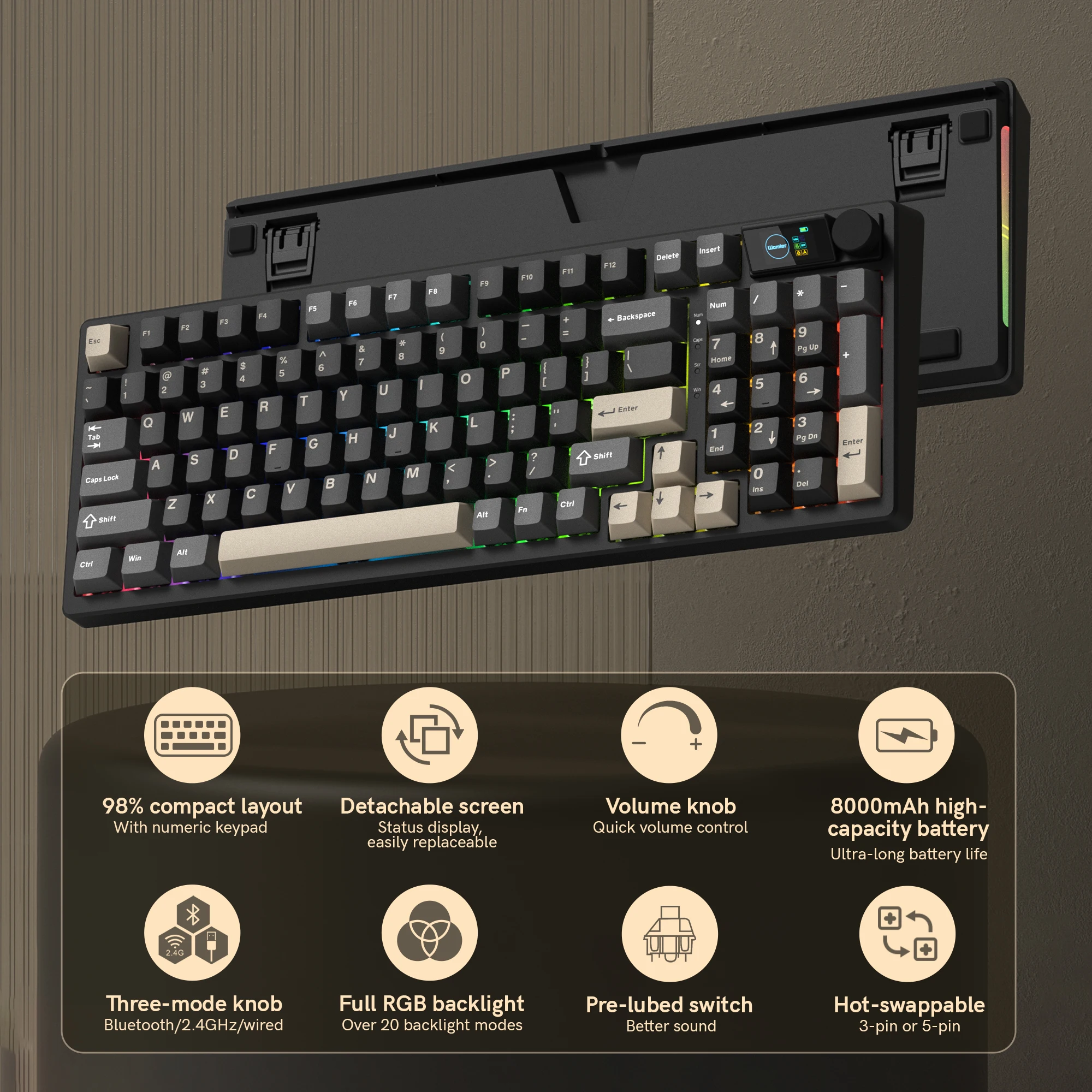 Womier M98 96% 무선 기계식 게이밍 키보드 VIA 지원 트라이 모드 핫스왑 RGB 커스텀 키보드 PC/Mac용