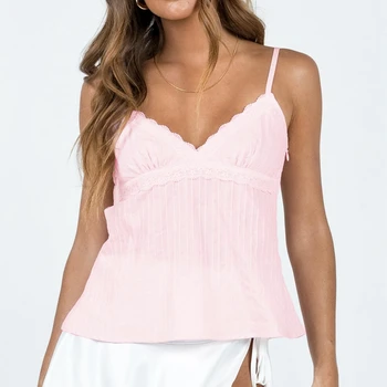 Women's LaceTop Pink Sleeveless Strapless Camisole Y2k Top Fairy Grunge V-neck Tank Top T-shirt 2000s Clothing Summer Streetwear