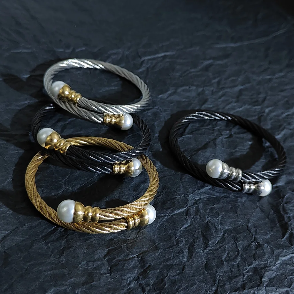 New Braided Bracelets Women Men Fashion Punk Pearl Open Cuff Bracelet Bangles Stainless Steel Wrist Metal Jewelry Accessories 4