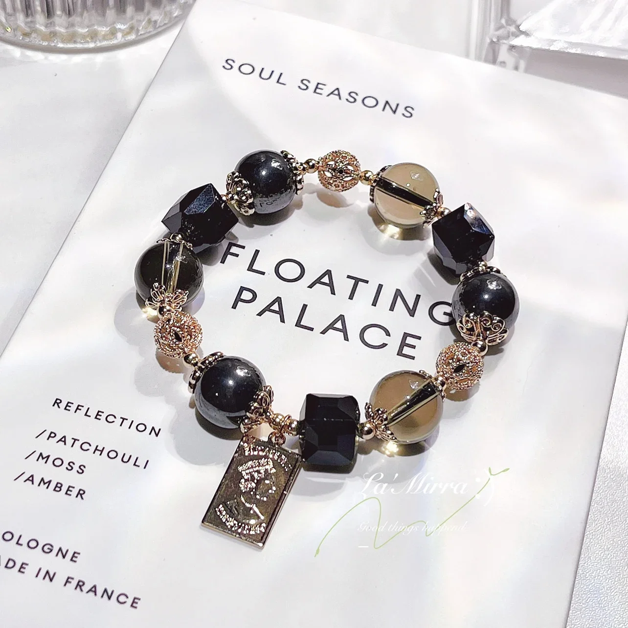 

Lovers Obsidian Hand Chain Tea Crystal Black Gallstone Bracelet Large Grain Unisex Handsome 14k Package Gold Color Protection