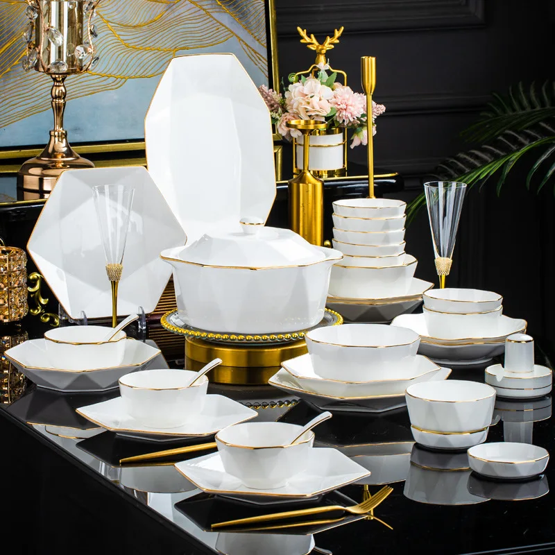 

66 Pcs European Luxury Tableware Set Bone China Bowl Spoon And Chopsticks Set Table Plates Kitchen Dishes Kitchen Accessories