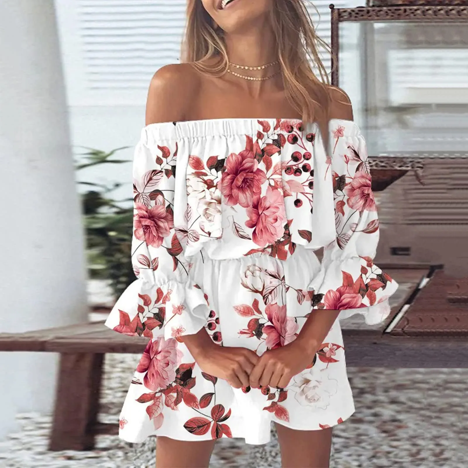 

Boho Dresses for Women 2024 Summer Sexy Off Shoulder Floral Print Flare Sleeve Tunic Dress Women Casual Mini Sundress Vestido