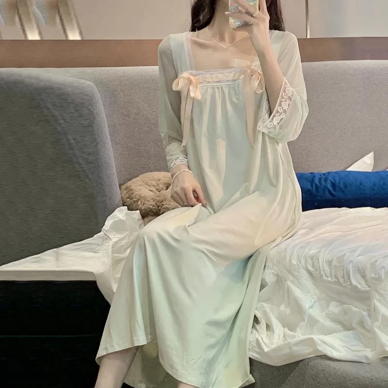 150kg Palace Wind Nightgown Women French Princess Wind Sleepwear Loose Extra Large Size Thin Long-sleeved Pajama Bow Sleepshirts
