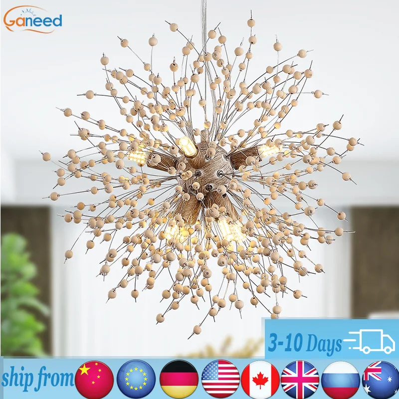 

Modern Wooden Beads Dandelion Chandelier Firework Pendant Lighting 8-Lights Sputnik Hanging Fixture for Living(G9 Bulb Base)