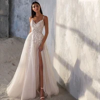 Spaghetti Strap Wedding Dress A-Line Sleeveless Side Slit Lace Appliques Backless Custom Made To Measures Robe De Mariee Beach 1