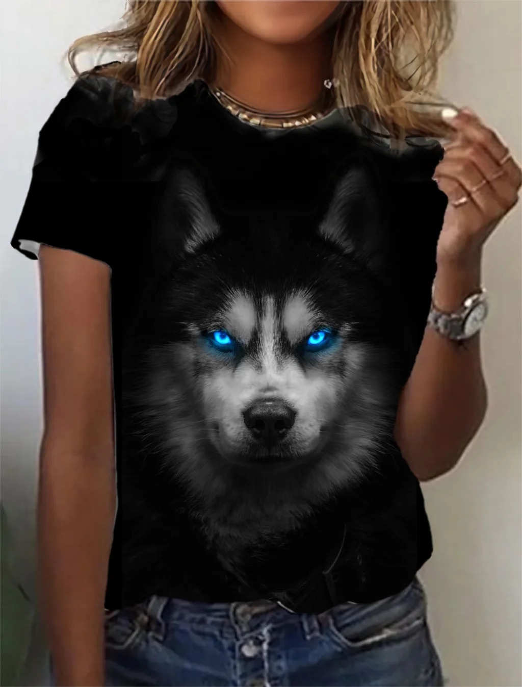 Fashion Women's T-shirt with wolf  Graphic 3D Printed Short Sleeve Summer  T-shirt oversized Polyester Fiber Clothing623_voghion.com