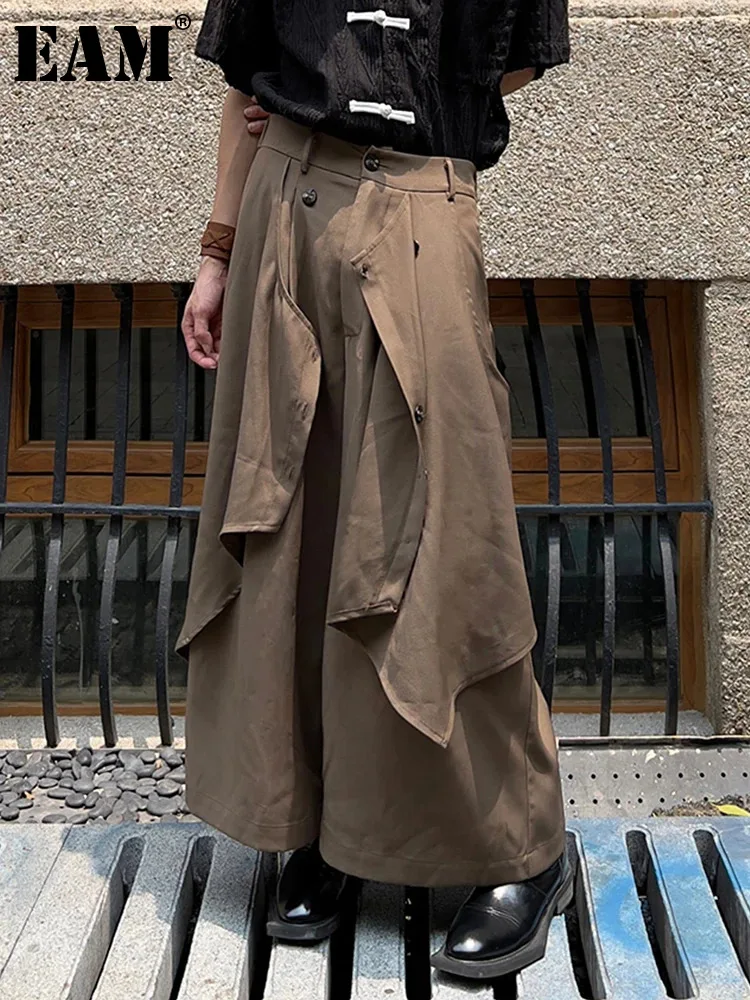 

[EAM] High Waist Coffee Wide Leg Irregular Full Length Pants New Loose Fit Trousers Women Fashion Spring Autumn 2024 1DH3090