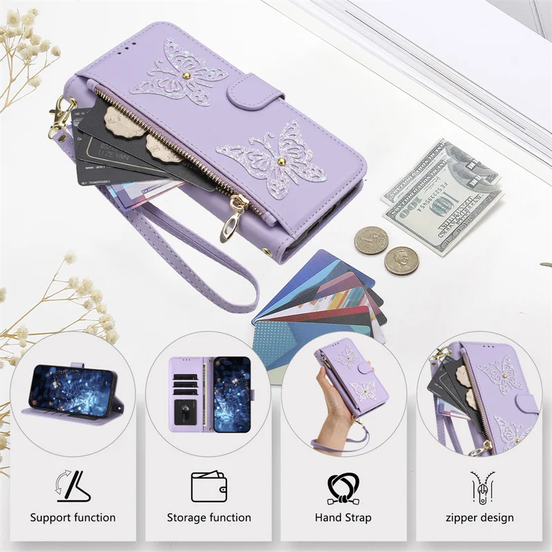 Wrist Strap Flip Leather Phone Case with Zipper Wallet and Card Holder