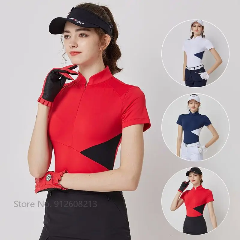 blktee-korean-zipper-collar-t-shirts-ladies-summer-short-sleeved-golf-shirt-female-patchwork-quick-dry-tops-slim-golf-clothing