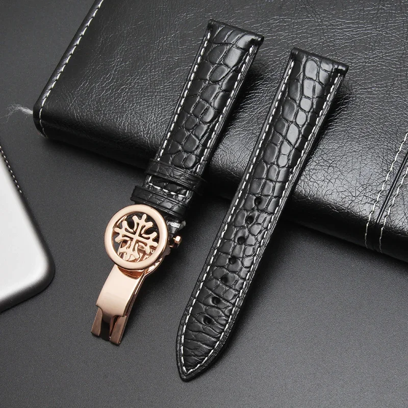 High quality Crocodile skin leather strap black 19mm 20mm 21mm 22mm 24mm PP folding clasp suitable for Patek Philippe watch