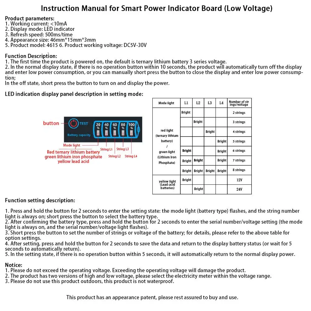 Battery Level Indicator 3-Series Ternary Lithium Battery Lithium Iron Phosphate Lead-Acid Capacity Display Tester Meter