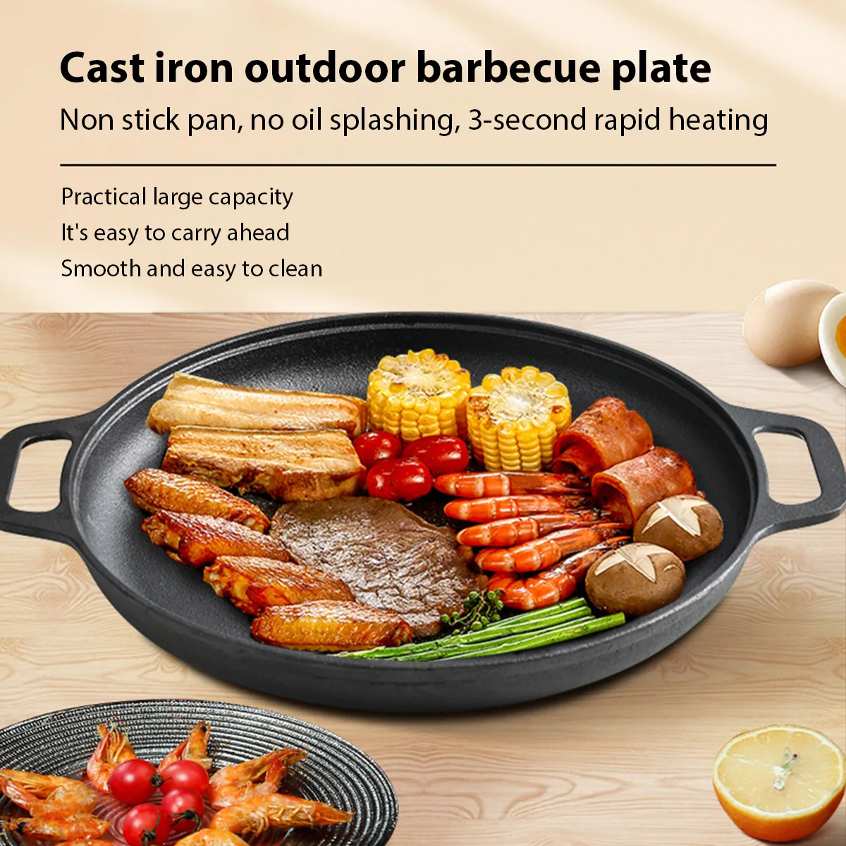 Multifunctional Cast Iron Frying Pan Non-stick Pan for Pizza Barbecue Pancakes Steak Compatible with All Cookers for Home Outdoo