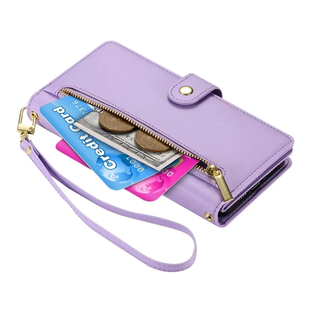 Sleek Zippered Leather Crossbody Phone Case with Card Slot Wallet Cover