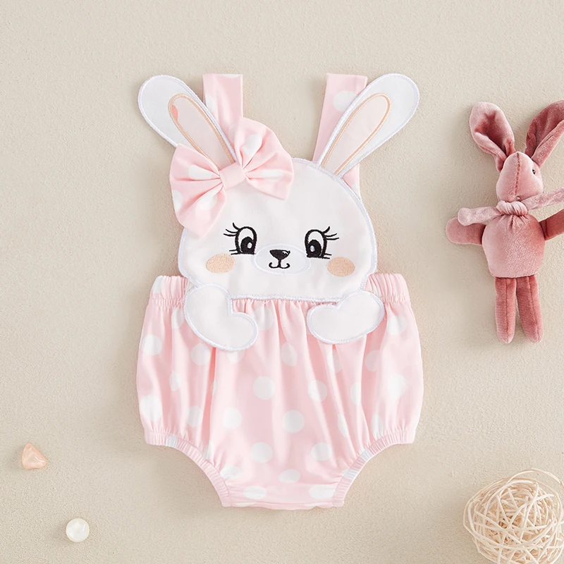 Summer Infant Baby Girl Overall Bodysuit Rabbit Patch Dot Print Sleeveless Jumpsuit