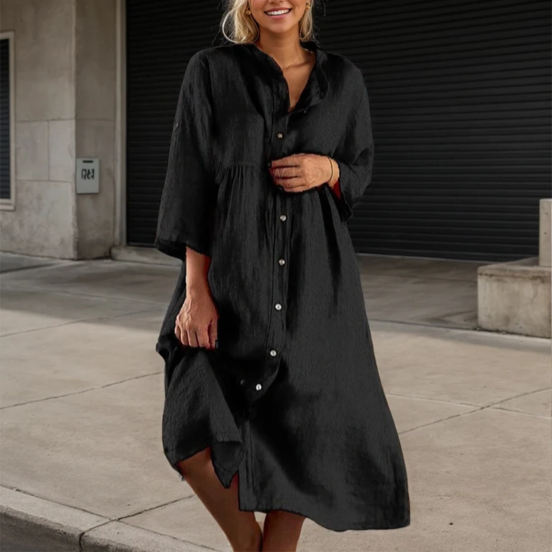 Casual Dress For Women Spring Autumn New Long Sleeve Button O-neck Loose Solid Fashion Elegant Commute Female A-line Dress - 3