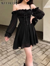 

Weekeep Summer Ruffle Chiffon Dress Bandage Bustier Patchwork Slash Neck Sexy Dresses Women Casual Beach Style Outfits Fairycore