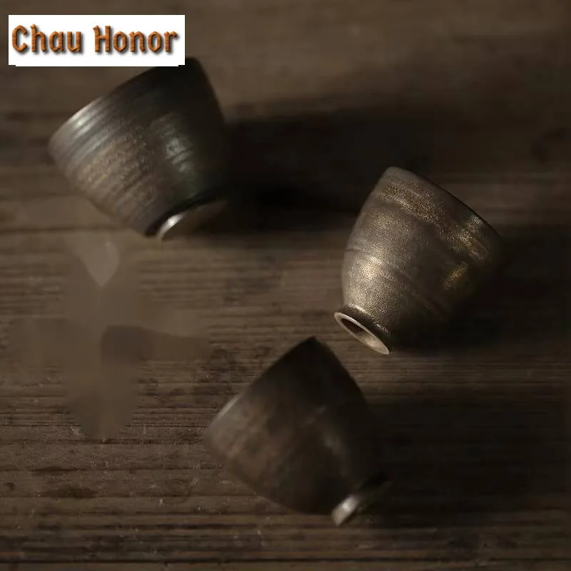 2pc/set Handmade Iron Guft Glazed Tea Cup Retro Thin Body Personal Cup Pu'er Master Tea Bowl Coarse Pottery Kung Fu Tea Set Gift