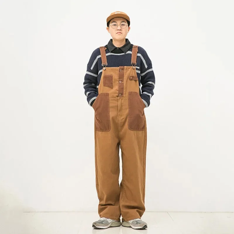 Fashionable Versatile Retro Orange Brown Colored Unisex Strap Pants Wearing Two Sides Couple Loose Straight Tube Workwear Pants