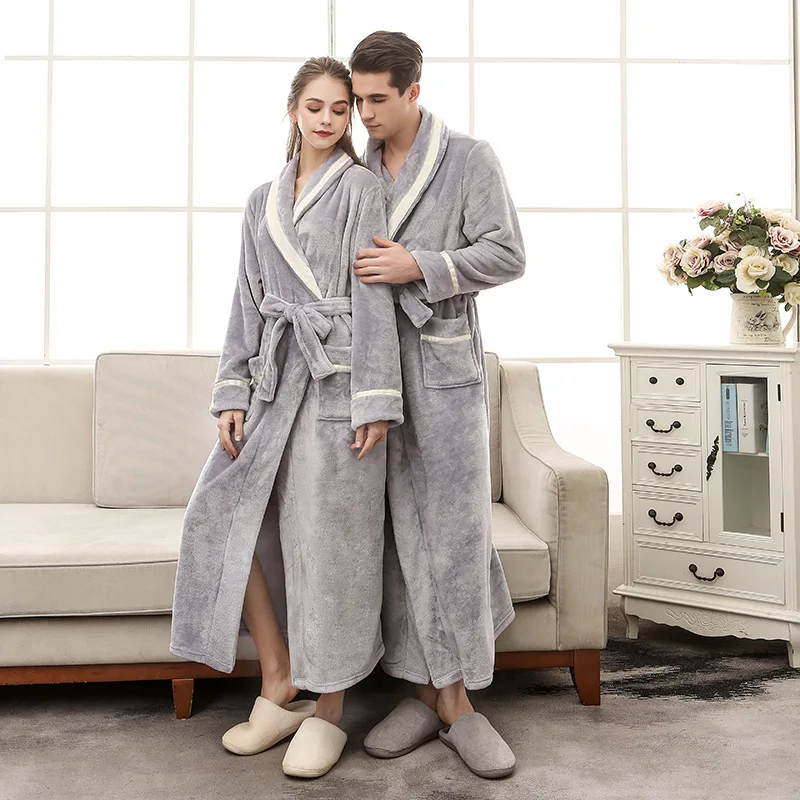 Autumn Winter Couple Flannel Nightwear Winter Thicken Warm Soft Robe Gown Sleepwear Women Men Coral Kimono Bathrobe Gown