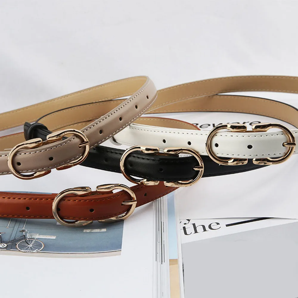 

Vintage Women Thin Belt Fashion Female PU Faux Leather Black Gold Silver Metal Buckle Suit Waist Belts For Dress Ladies Strap