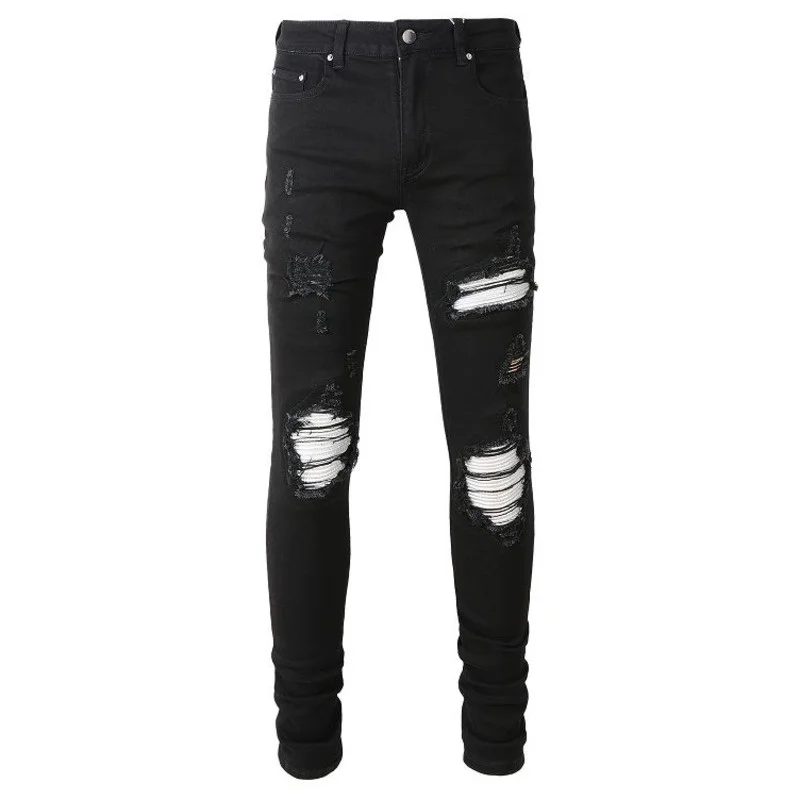 Ripped Skinny Trouser Men Black White Contrast Color Pleated Patch ...