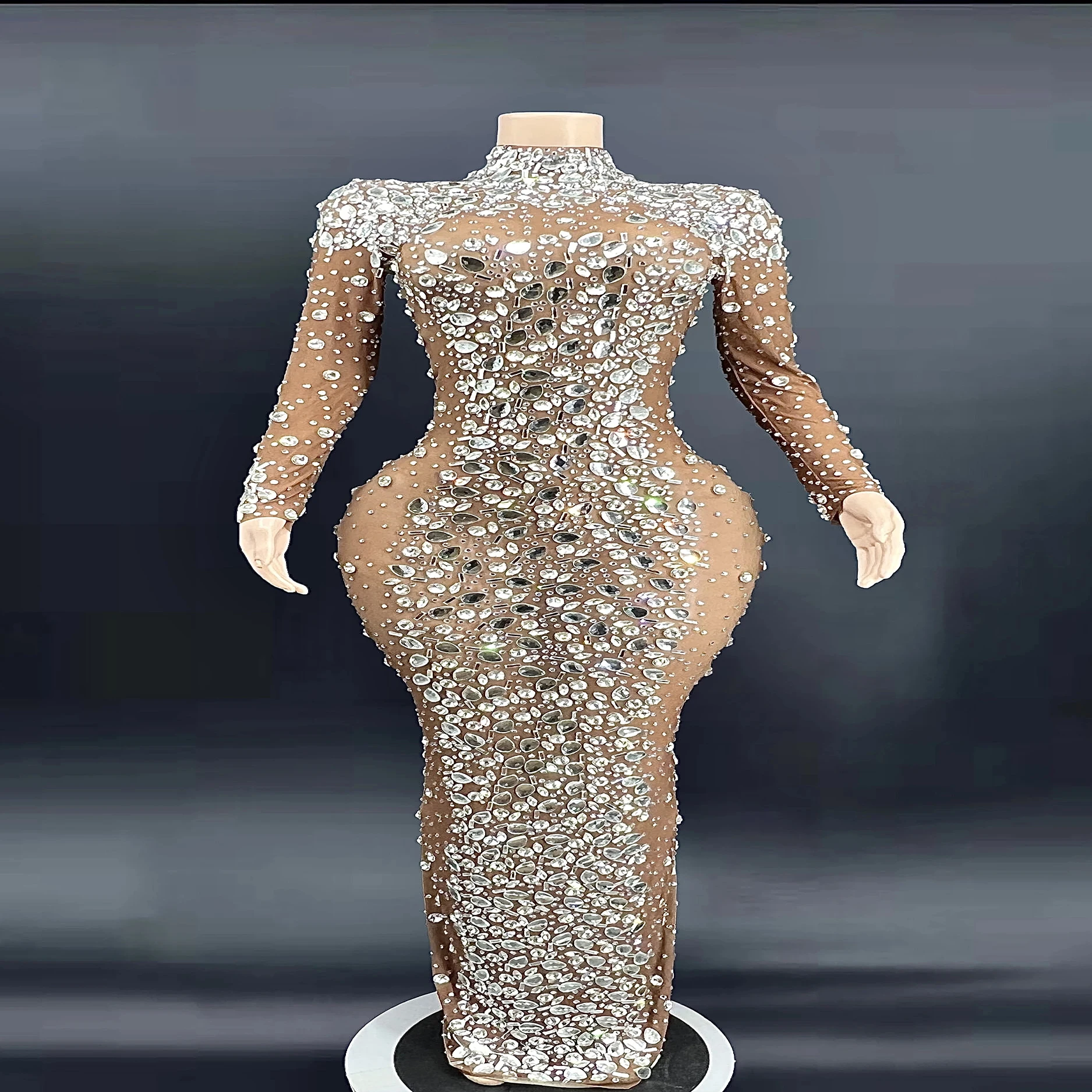 SeCrystals Stage Singer Host Mesh Dress Luxury Wedding Party Costume Birthday Outfit  Rhinestones Nude Transparent longth Dress