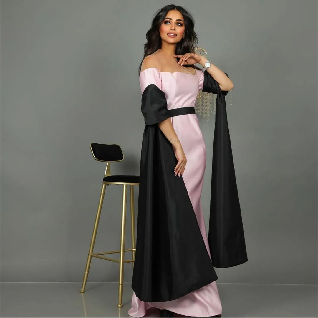 

Elegant Long Satin Strapless Evening Dresses With Sleeve Sheath Floor Length Zipper Back Formal Party Dress for Women