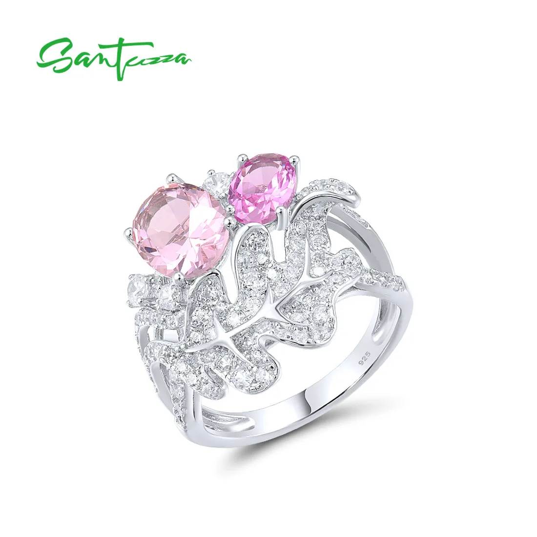 

SANTUZZA Genuine 925 Sterling Silver Rings For Women Sparkling Created Pink Sapphire White CZ Leaf Ring Fashion Trendy Jewelry
