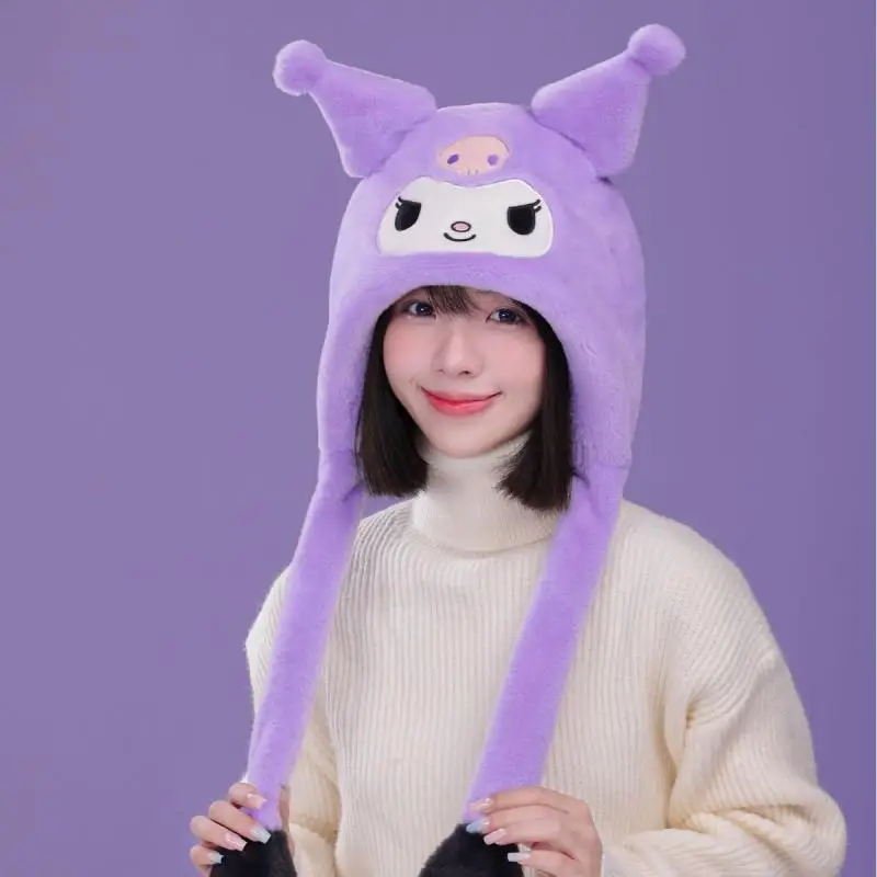 Sanrio Girls Hat Scarf Winter Plush Windproof Warm and Coldproof Hat Pneumatic Ears Moving Cartoon Kuromi Melody Clothing Gift