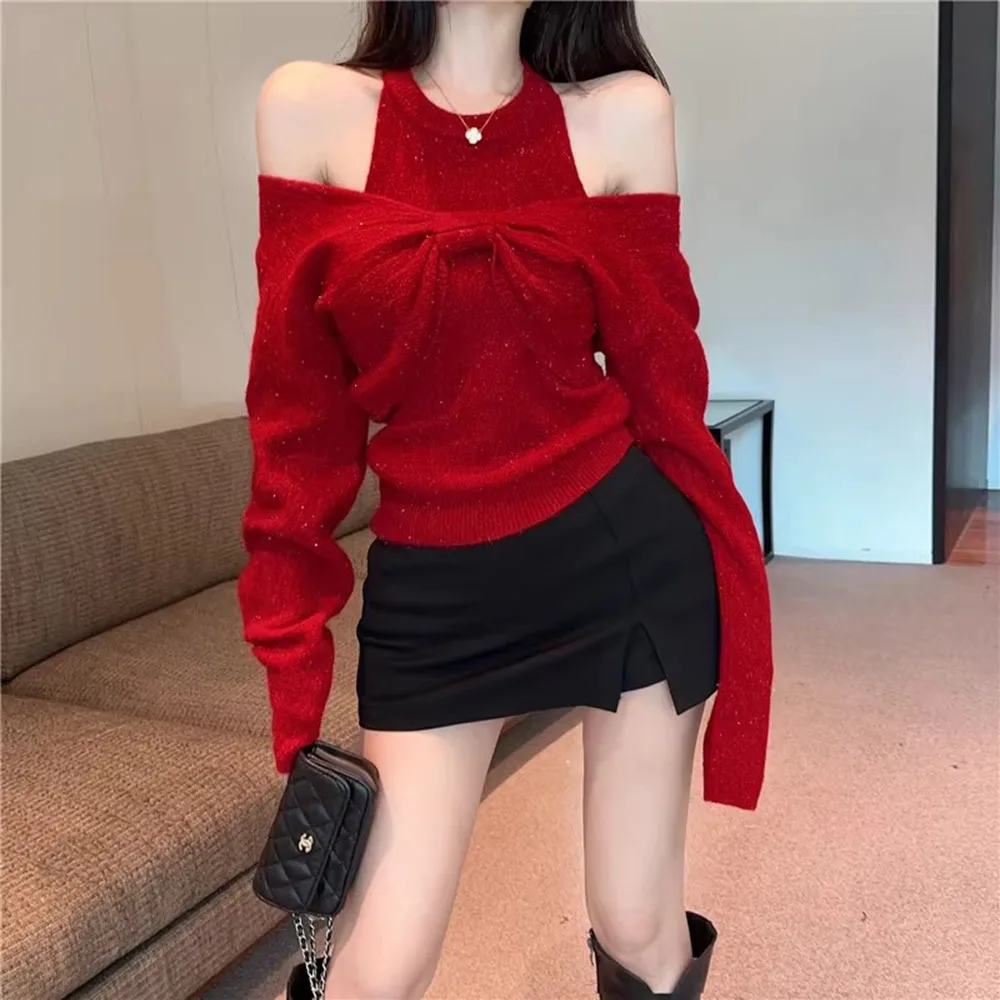 

Christmas Bow Sweater 2 Piece Set Women Knitted Tank Tops Sweater Autumn New Short Slim Bat Long Sleeve Sweater Pullovers Women