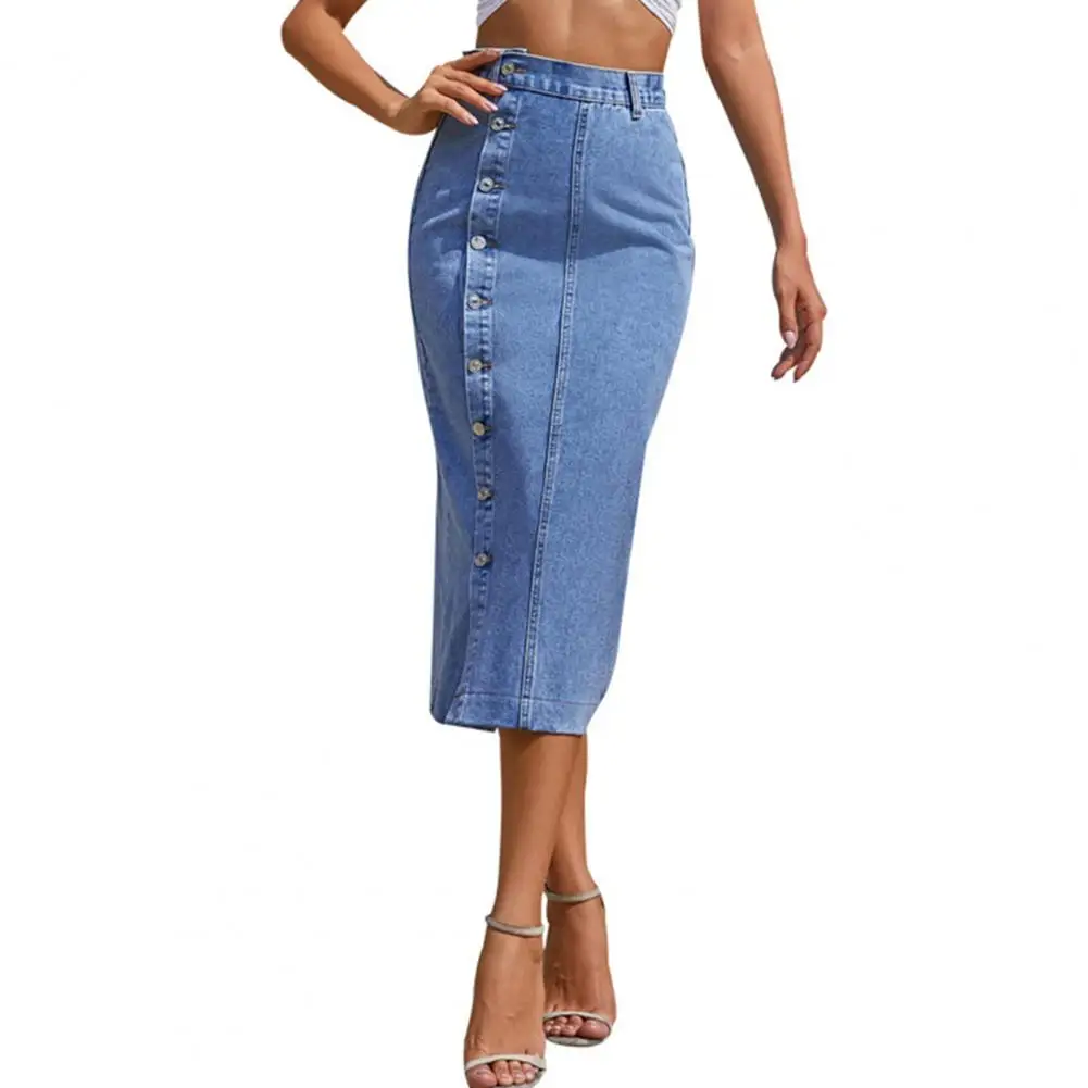 

Women Denim Skirt Irregular Slit Button Placket Calf-Length High Waist Skirt Dress Office Streetwear