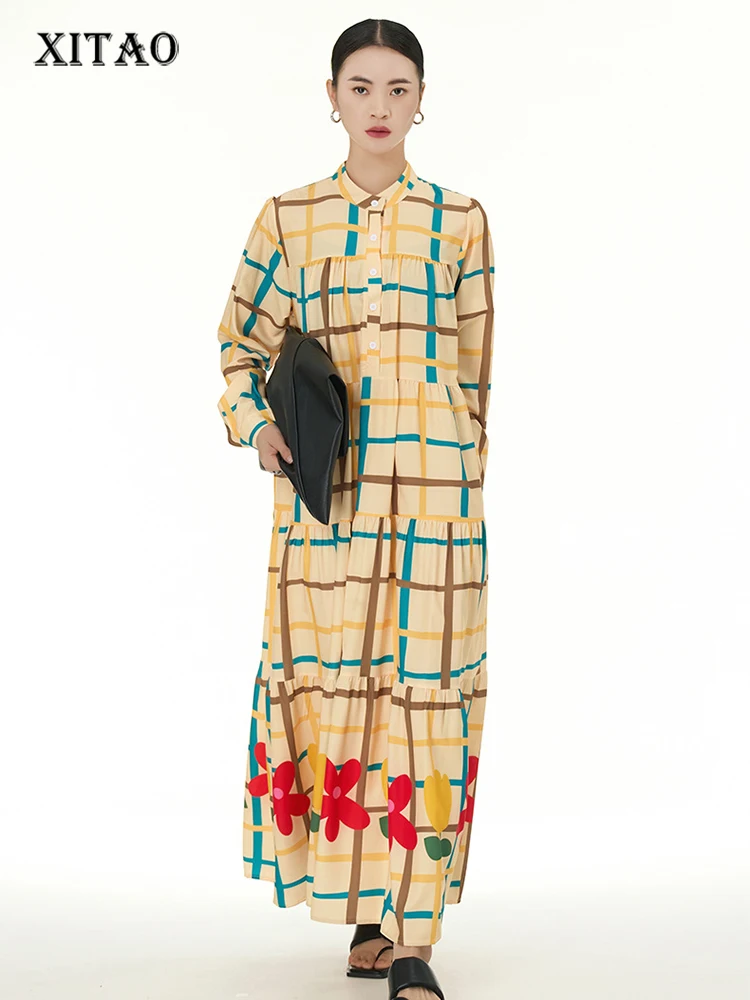 

XITAO Платье с принтом, в клетку свободное модное контрастное платье-рубашка с длинным рукавом и воротником-стойкой 2023 зимнее повседневное Новое Женское платье DMJ3657