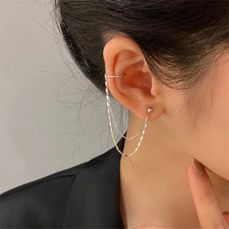 2270437-0f626a.jpg Sfaef92bb37eb4ab188e2baaaf3c2a0f6A 1 Pc Multi Layer Chain Earrings Long Tassel Piercing Stud Earring Ear Cuff Women's Clip Earrings Silver Color Ear Jewelry Mallzona