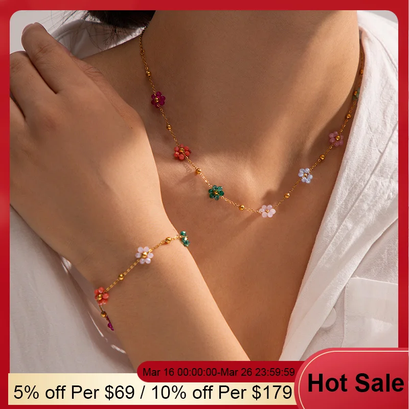Kolmnsta exquisite bunte Blumen kette Halskette Armband Set für Frauen vergoldet Titan Stahl Gänseblümchen Choker Halskette Geschenk